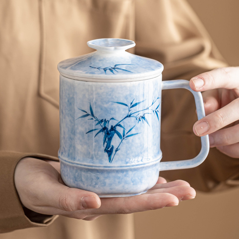 Vẽ tay nhuộm mực trà phong lan trà tre tách nắp treo cốc nước văn phòng cốc nước thanh lịch có nắp cốc pha trà kiểu Trung Quốc