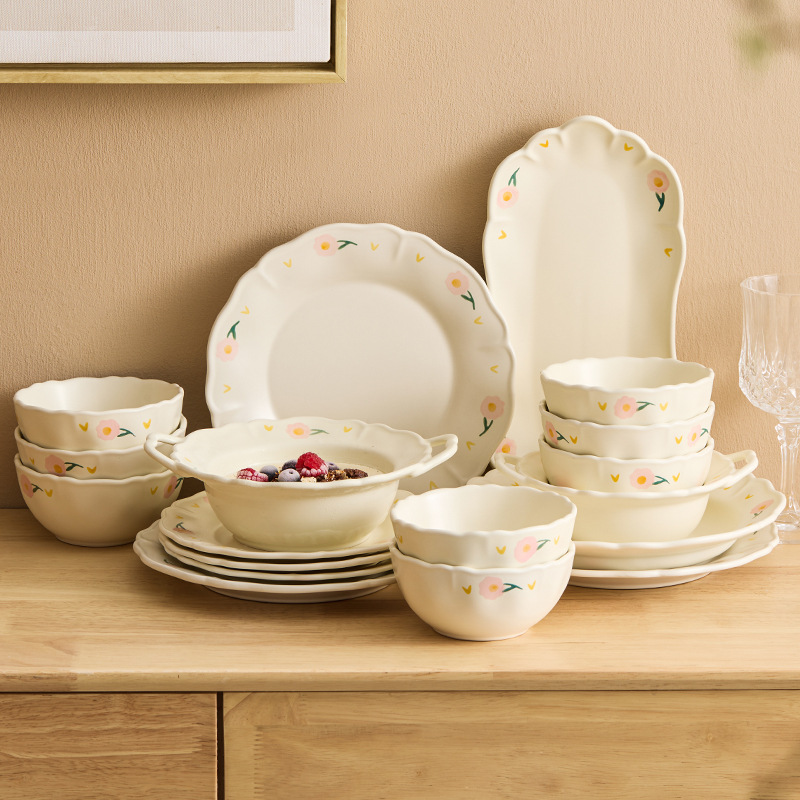 Bộ đồ ăn gốm sứ họa tiết hoa mẫu đơn, gồm bát và đĩa, dùng trong nhà, mẫu mới 2025, đồ dùng nhà bếp, đĩa ăn, bát ăn, thẩm mỹ cao