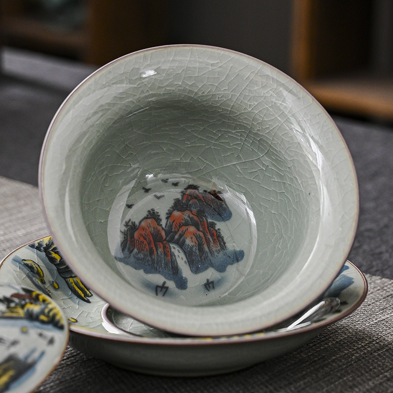 Jingdezhen Sancai có nắp, cốc trà, bộ trà, bát trà sứ trắng xanh, bát kung fu gốm sứ dùng trong văn phòng gia dụng