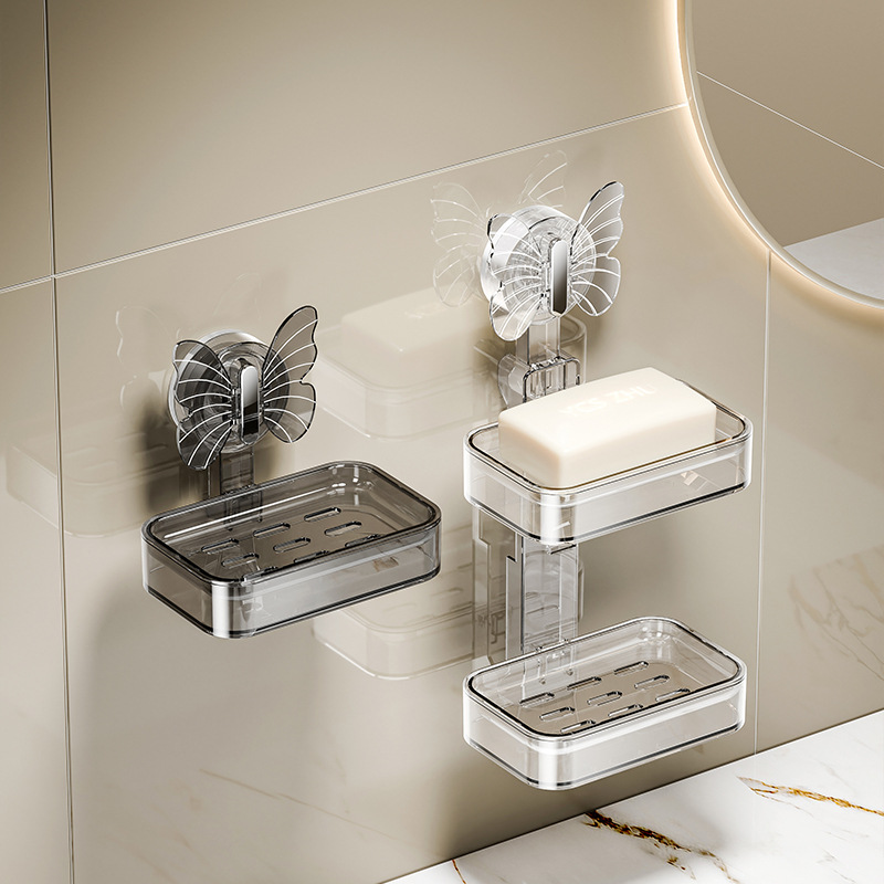 Khay hút hộp đựng xà phòng treo tường không đục lỗ gia dụng cao cấp hộp đựng xà phòng hai lớp giá để ráo nước trên tường