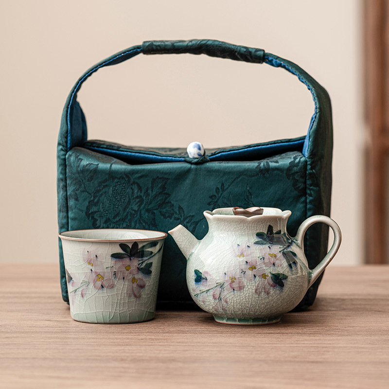 Bộ trà du lịch cầm tay hoa mộc lan vẽ tay bằng gốm sứ Kung Fu một bình một cốc Bộ dụng cụ uống trà ngoài trời