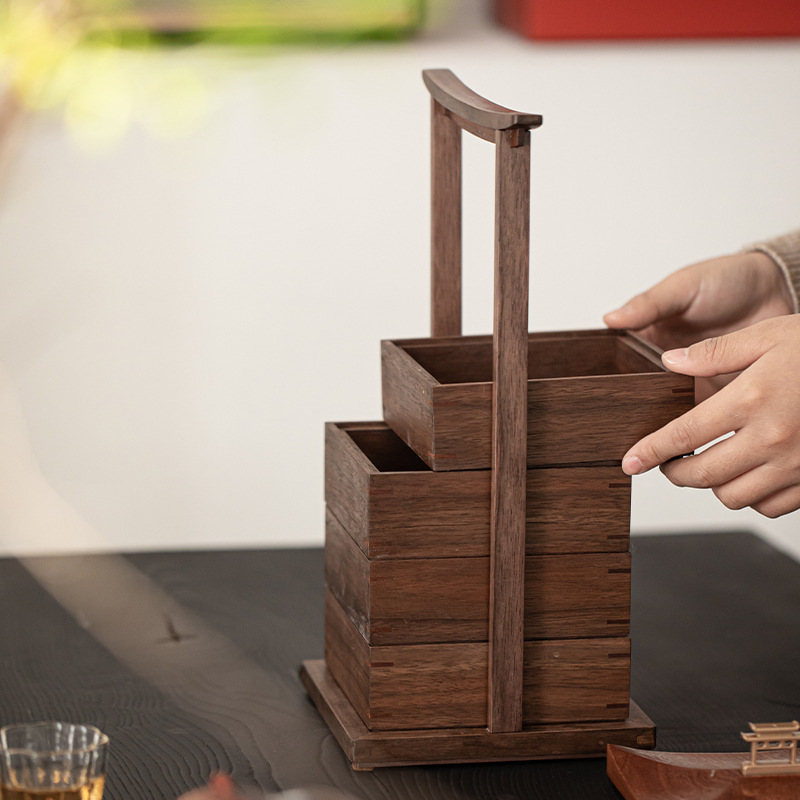 Hộp cầm tay để bàn gỗ óc chó đen, đĩa Hạt, đồ ăn nhẹ, bánh ngọt ngoài trời, hộp lưu trữ di động, kệ nhiều lớp sáng tạo