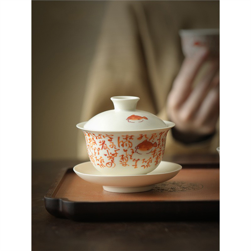 Bát có nắp bài thơ cá lăng, tráng men soda, gốm sứ cổ điển, bộ trà Kung Fu, bát pha trà tam tài, bát cầm tay chống bỏng thư pháp