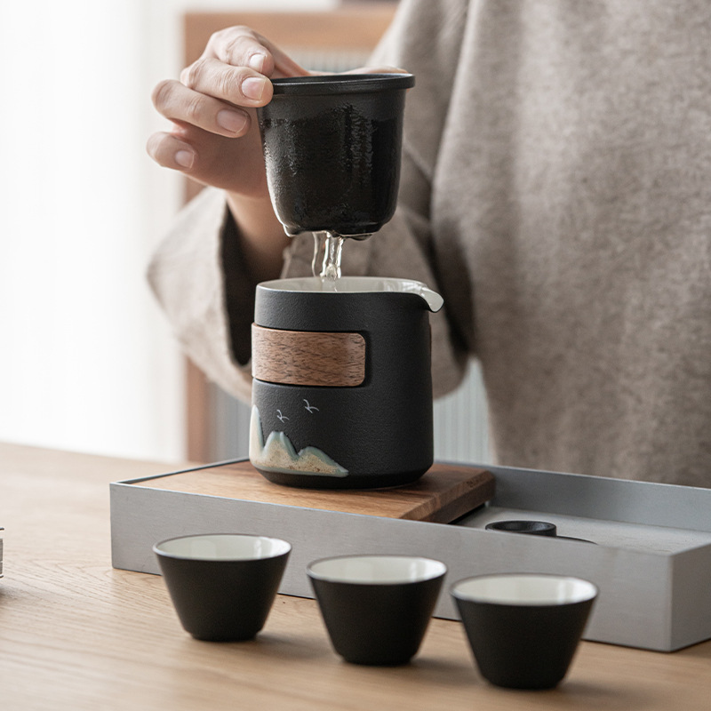 Bộ trà Kungfu du lịch bằng gốm đen Yuanshan cốc nhanh Bộ trà Túi xách tay Cốc pha trà một ấm Ba cốc Bộ trà ngoài trời