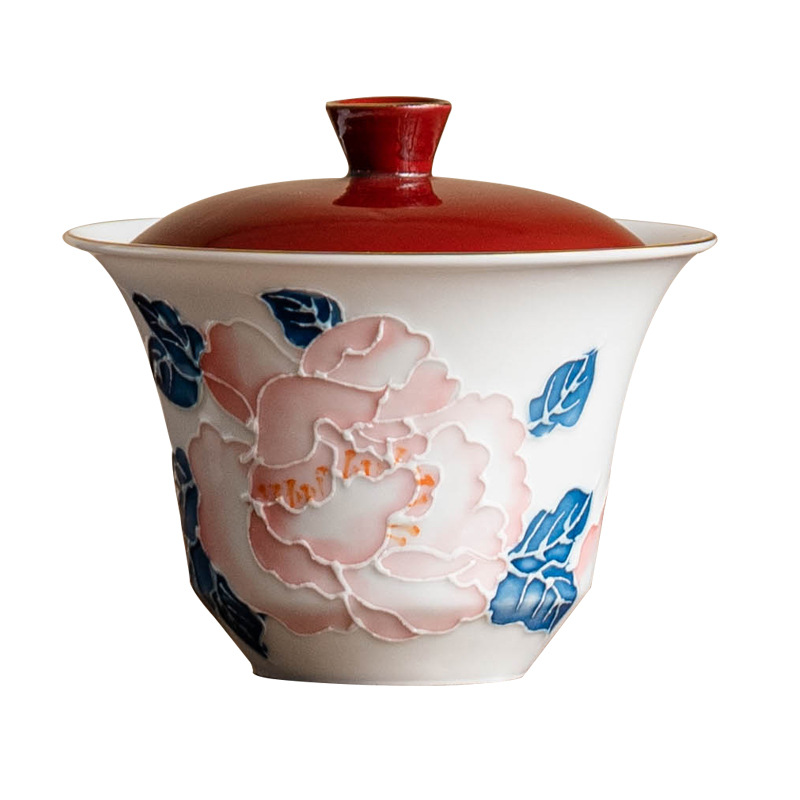 Bát hai nắp hoa mẫu đơn vẽ tay, bộ trà Kung Fu gốm sứ cao cấp, cốc trà gia dụng, bát trà không nóng đơn