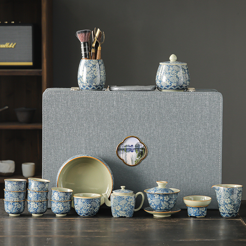 Bộ dụng cụ pha trà Kung Fu xanh trắng đất sét cũ Ấm pha trà gốm sứ phòng khách gia dụng cốc trà Hộp quà tặng cao cấp