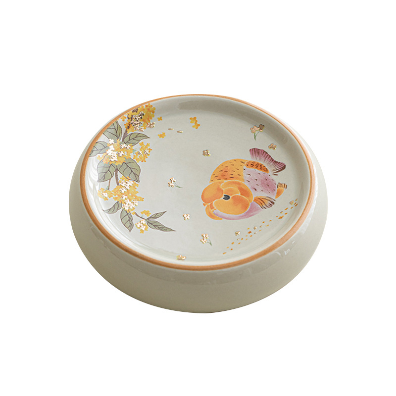 Ấm trà hình tròn có nắp đựng cá osmanthus màu xám thực vật phong cách dân tộc, cốc trà, đệm cách nhiệt, phụ kiện bộ trà Kung Fu gốm sứ gia dụng