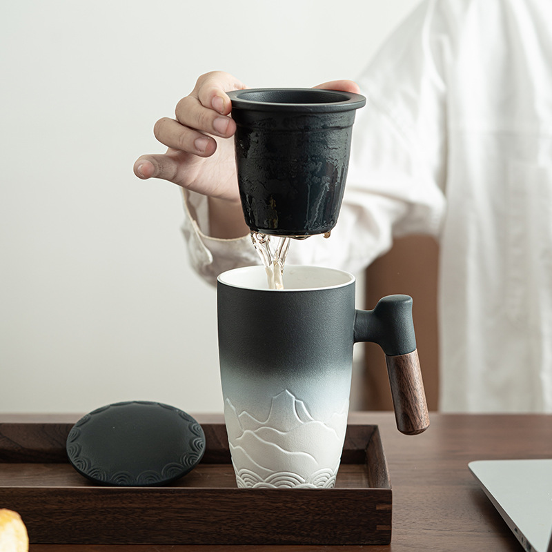 Cốc văn phòng Shangyue kiểu Nhật Cốc gốm cốc Mug tay cầm bằng gỗ có nắp tách trà tách trà Cốc uống nước dung tích lớn