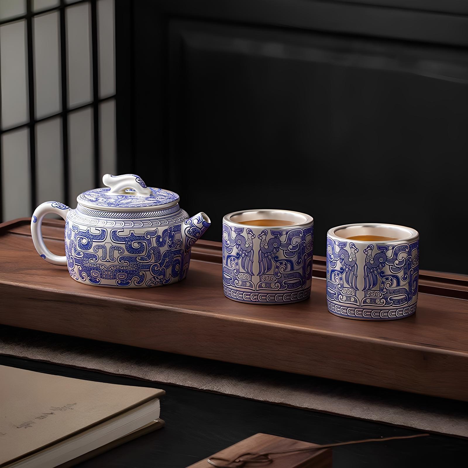 Bộ ấm chén trà mới cao cấp phong cách nhẹ nhàng, màu xanh trắng, tráng bạc, chất liệu gốm sứ cao cấp, tinh xảo, dùng trong gia đình.