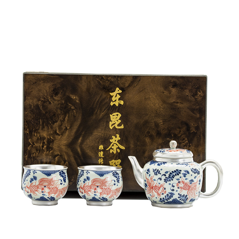 Bộ ấm chén trà Kung Fu bạc 999 sterling, bộ nhỏ gia dụng, thủ công, mạ vàng, 1 ấm 1 chén, hộp quà lưu niệm