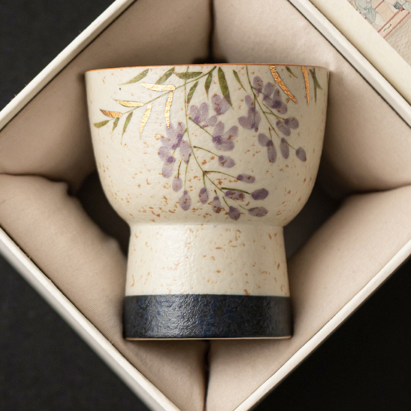 Cốc trà đen đá lửa trắng xanh cốc chủ nhân vẽ tay hoa tử đằng vẽ vàng cốc gốm sứ cốc trà chén trà không nóng tay