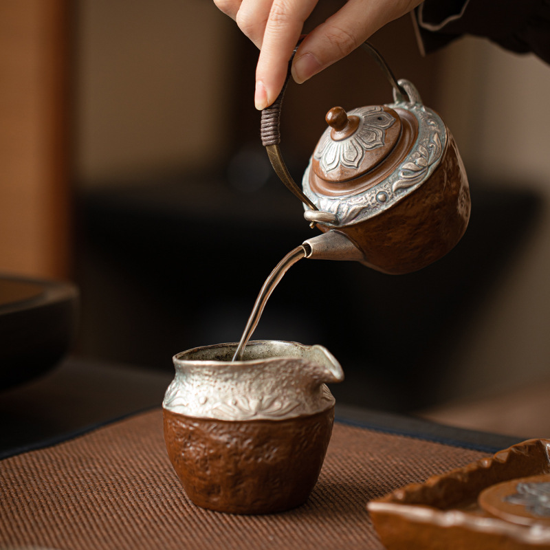 Bộ ấm trà bằng đất sét đá cổ mạ bạc cổ kính bộ ấm trà bộ dụng cụ pha trà kiểu Trung Quốc gia dụng ấm trà chùm nâng quà tặng doanh nghiệp