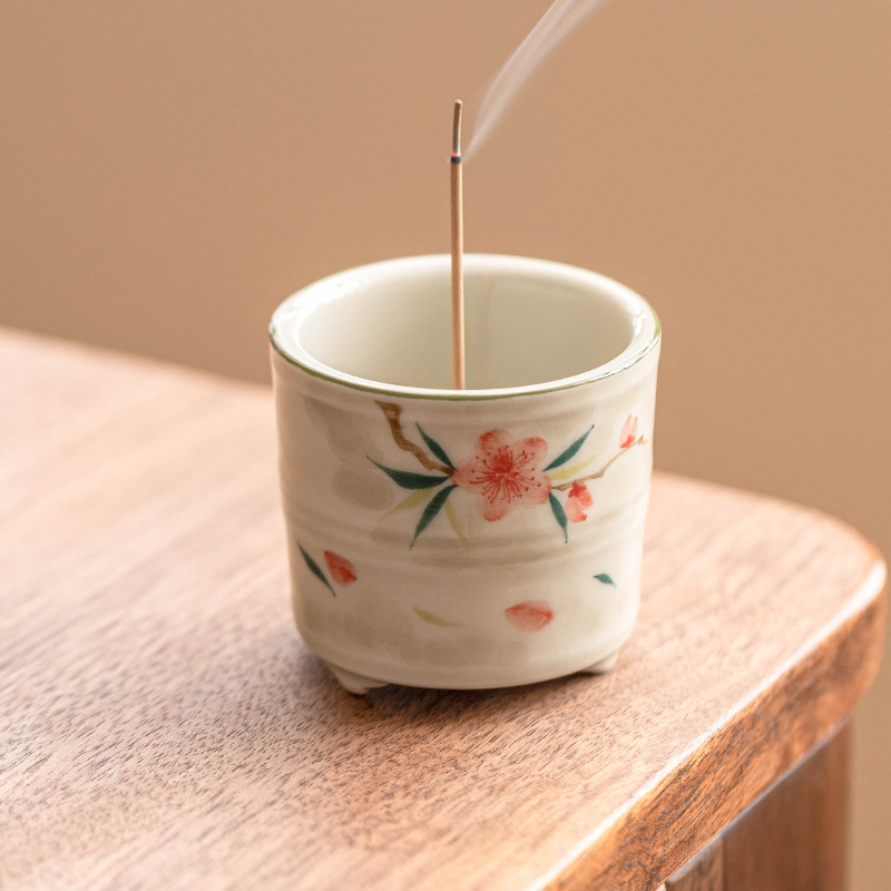 Lư hương ba chân hoa đào vẽ tay tinh khiết gia dụng trong nhà điểm hương cơ sở cắm hương gốm sứ không rơi tro