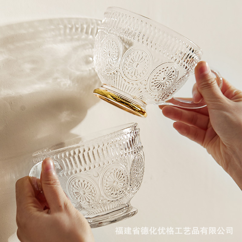 Cốc thủy tinh chạm nổi cổ điển Bắc Âu cốc nước hoa hướng dương cốc ăn sáng sữa giá trị cao phong cách Instagram gia dụng cốc yến mạch