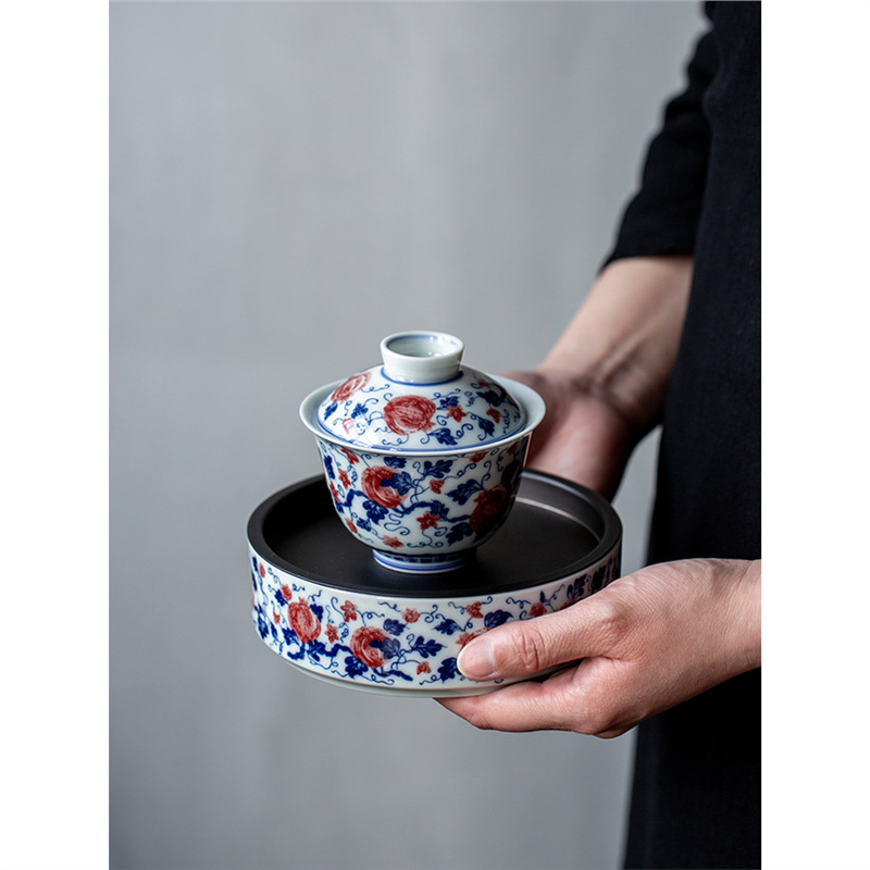 Bát có nắp sứ trắng xanh đựng ấm pha gốm sứ gia dụng cổ điển bát trà tam tài dụng cụ trà bàn trà nhỏ khay pha khô trữ nước