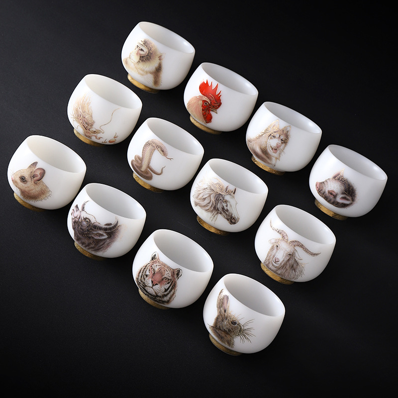 Bộ ấm chén trà sứ ngọc cao cấp Guo Zhibao, chén trà một người, chén nếm trà, chén chủ nhân mười hai cung hoàng đạo, lý tưởng để làm quà tặng