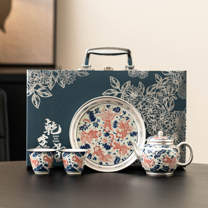 Bộ trà mạ bạc cá vàng chơi nước 999 hộp quà cao cấp một ấm hai chén ấm trà khay trà uống trà dụng cụ pha trà