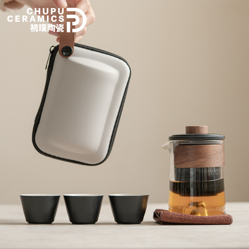 Bộ ấm trà Kung Fu du lịch di động bằng thủy tinh một cốc gốm sứ ngoài trời Chupu Kuaike Cup