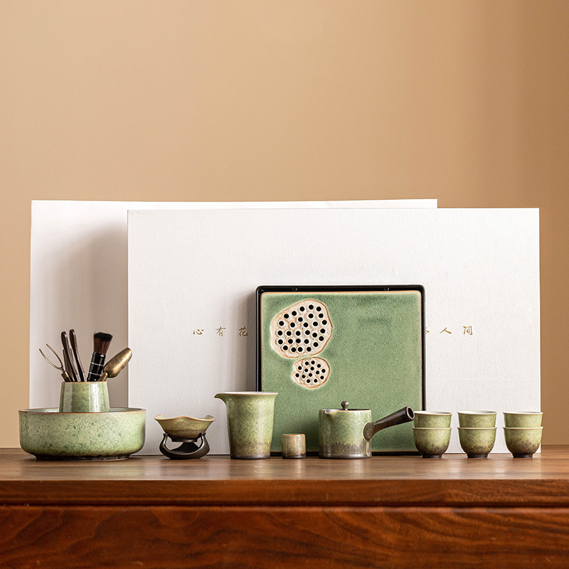 Bộ dụng cụ pha trà Kung Fu gốm sứ lò nung cao cấp phục vụ khách văn phòng dùng trong gia đình ấm pha trà tách trà khay trà hộp quà