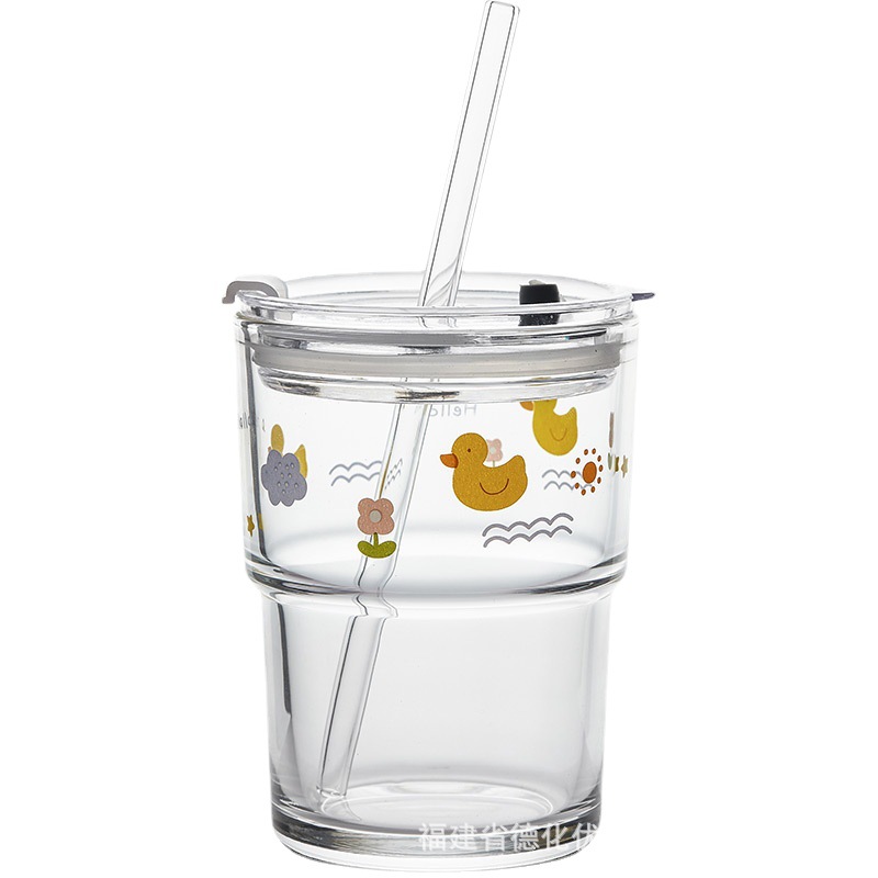 Cốc thủy tinh dễ thương phong cách ins cốc nước có giá trị cao có nắp lớn cốc trà hoa nước trái cây mùa hè cho nữ Cốc ống hút