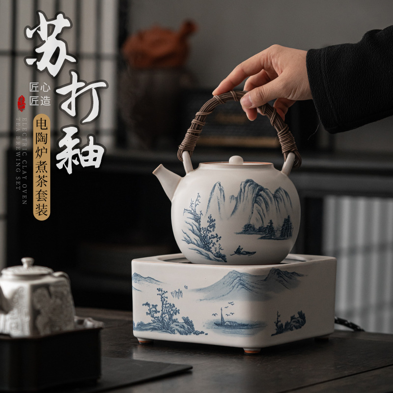 Soda men vẽ tay tay cầm chùm bên ấm đun trà Ấm đun nước gốm điện Ấm đun nước ấm đun trà gốm thô Bộ ấm đun trà