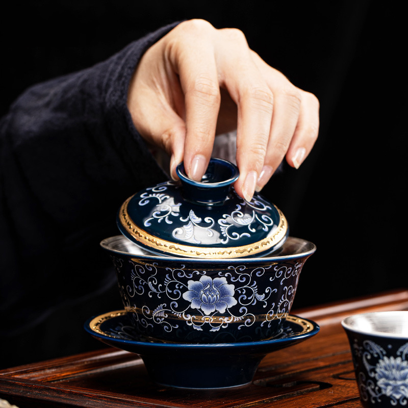 Bát có nắp mạ bạc bằng sứ trắng xanh Jingdezhen bát trà gốm sứ cốc trà lớn bộ trà Kung Fu cao cấp cốc trà gia dụng