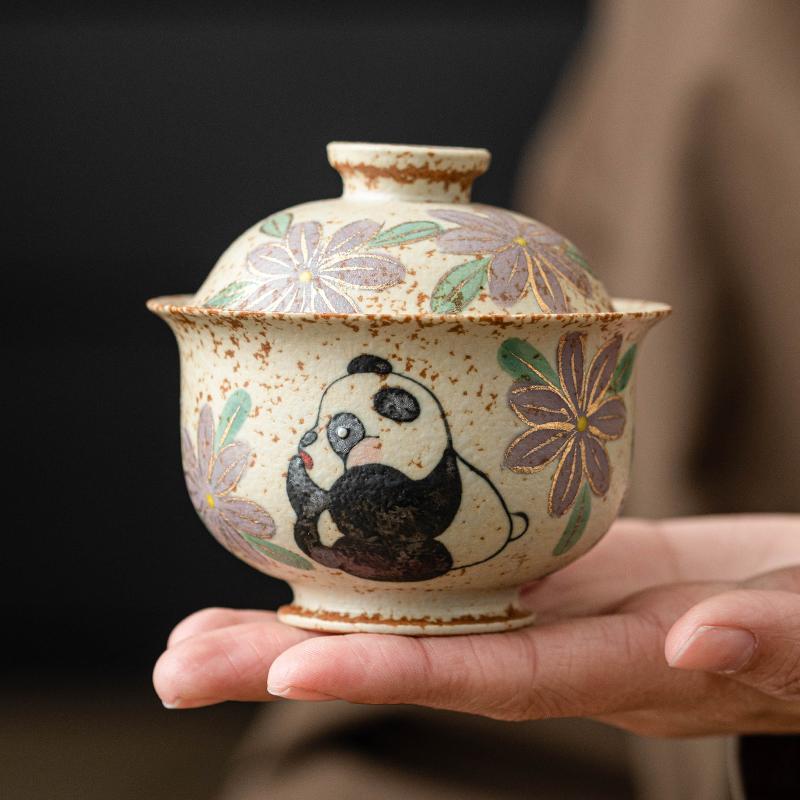 Màu xanh và trắng, đá lửa đỏ, bát có nắp, bát trà hoa cúc vẽ tay gấu trúc, bát pha trà cao cấp gia dụng có nắp, cốc trà