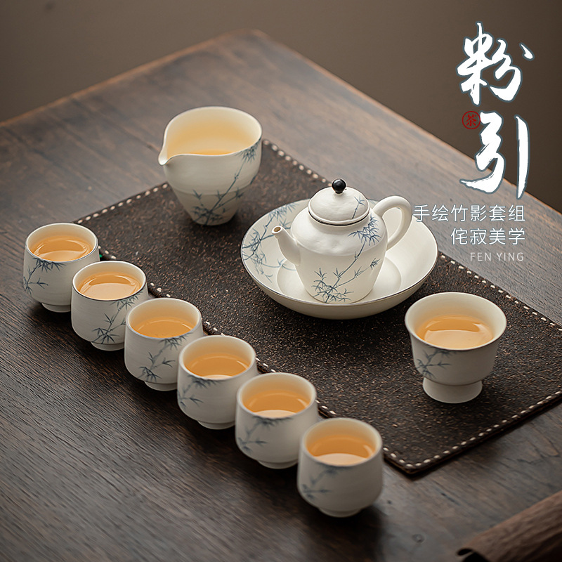 Bộ ấm trà bằng tre vẽ tay màu trắng hồng Bộ ấm trà Kung Fu gốm sứ gia dụng Bộ ấm trà cầm tay Bộ ấm trà tinh tế