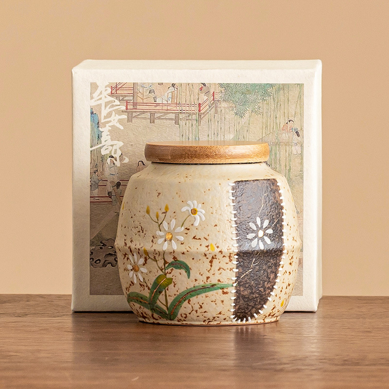 Bình trà gốm sứ đỏ đá lửa trắng xanh, bình hoa cúc nhỏ vẽ tay, bình đựng trà cầm tay nhỏ, đơn