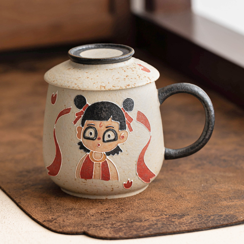 Cốc văn phòng Nezha đỏ đá lửa trắng xanh cốc chuyên dụng cá nhân cao cấp cốc pha trà gốm sứ cốc có nắp cốc nước