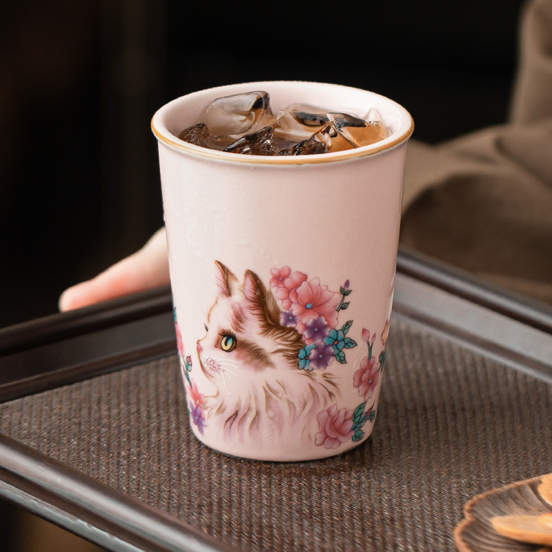 Cốc coca mèo hoa lò Jisu Ru cốc gốm sứ có thể mở được cốc trà miệng thẳng cốc nước văn phòng dung tích lớn