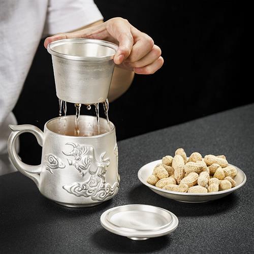 Bộ trà quà tặng cốc bạc thật ví bạc cốc trà bạc có nắp lọc sứ mạ bạc tách nước cốc văn phòng tách trà