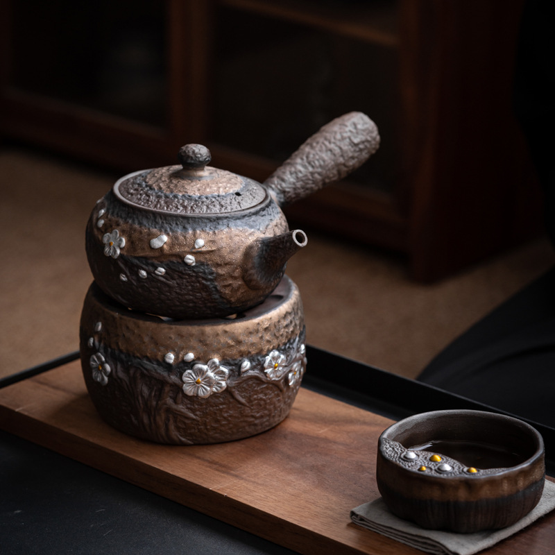 Bán buôn ấm trà gốm thô mạ vàng bên hông ấm đơn Bộ ấm trà Kung Fu cổ điển hoa mận Bộ ấm trà gốm sứ thủ công