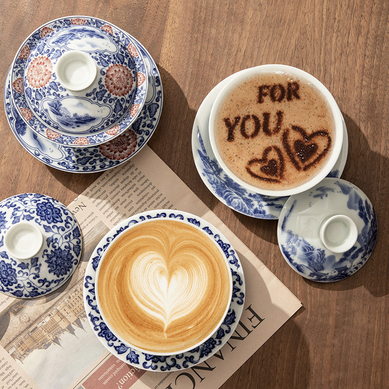 Cốc trà có nắp đậy ba tài năng Jingdezhen Bát trà đơn Bộ trà sứ trắng xanh Bộ trà sứ Kung Fu gốm sứ Bát trà