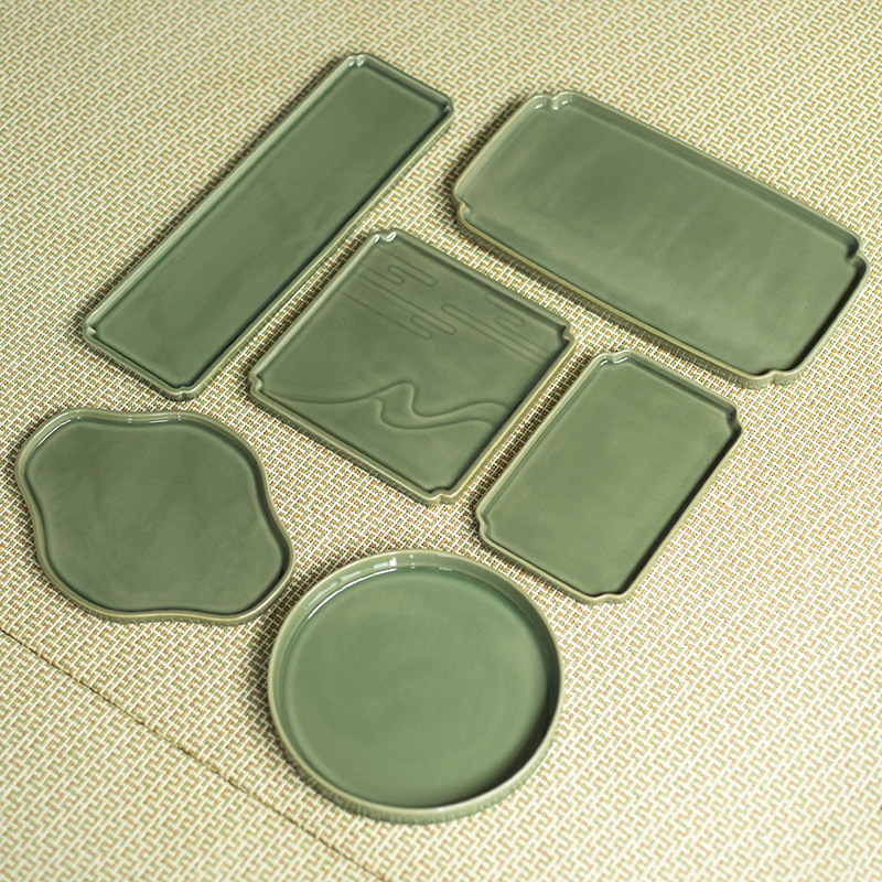 Bamboo xanh tráng men gốm khô bong bóng trà khay retro 1 lớp hình chữ nhật khay tròn hộ gia đình Trung Quốc Bộ trà Kung Fu