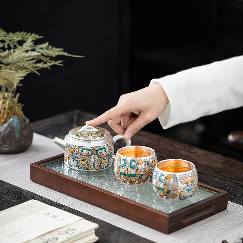 Bộ ấm chén trà Kung Fu bạc mạ vàng 999, bộ ấm trà cao cấp sáng tạo dành cho người lớn tuổi và khách hàng