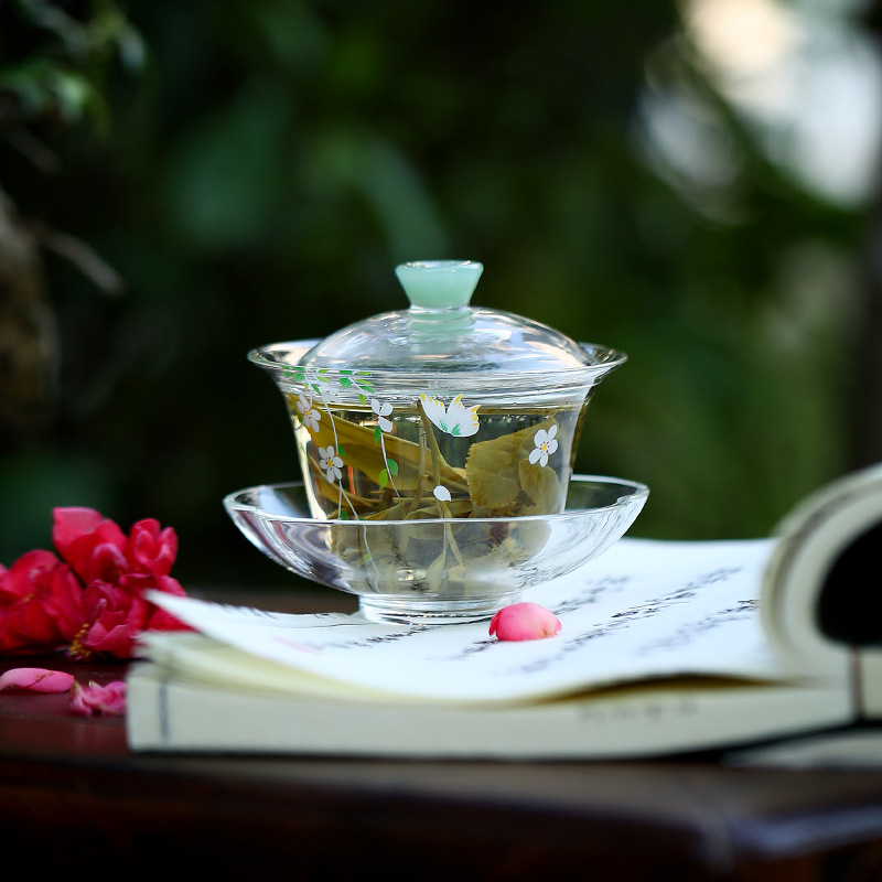 Lễ hội hoa thủy tinh chịu nhiệt borosilicate cao ba mảnh có nắp bát trà xanh bát trà nhỏ tươi bộ trà kung fu bát trà có khay đế