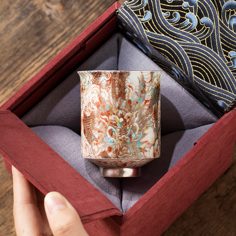 He Fusen Bảo tàng Cung điện Văn hóa và Sáng tạo Chén trà mạ bạc Bộ trà Longteng Sihai Quà tặng sinh nhật cho các chàng trai và người lớn tuổi kèm theo quà tặng