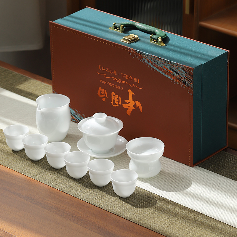 Bộ ấm chén trà Kung Fu sứ ngọc trắng dùng cho gia đình và văn phòng, bao gồm ấm trà, gaiwan và tách trà, quà tặng gốm sứ cao cấp sang trọng.