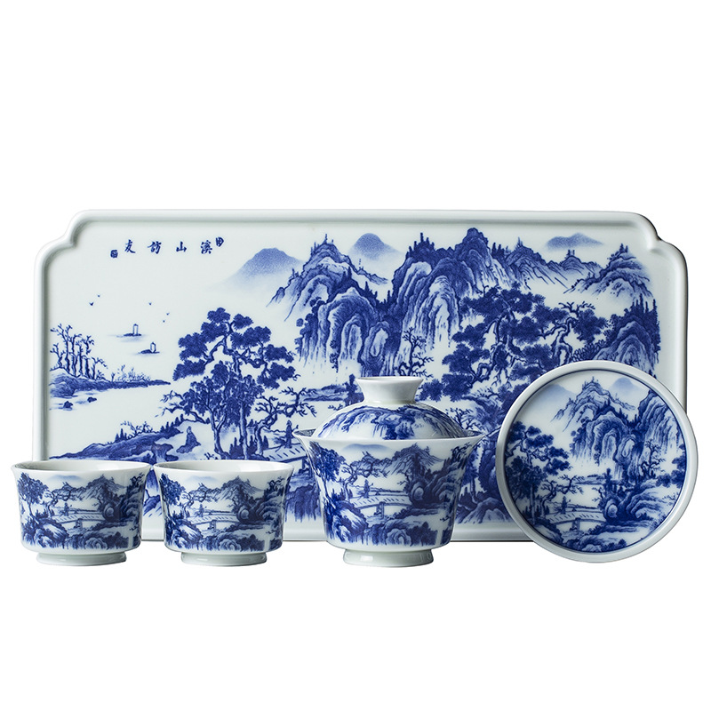 Jingdezhen tráng men màu retro màu xanh và trắng bát nắp phong cảnh cốc trà bộ trà Kung Fu cao cấp dụng cụ trà gốm sứ khay pha khô