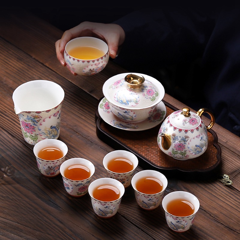 Bộ ấm trà Kung Fu cao cấp gia dụng sang trọng thủ công men bạc cloisonné cổ điển tinh tế hộp quà cao cấp Quà Tặng