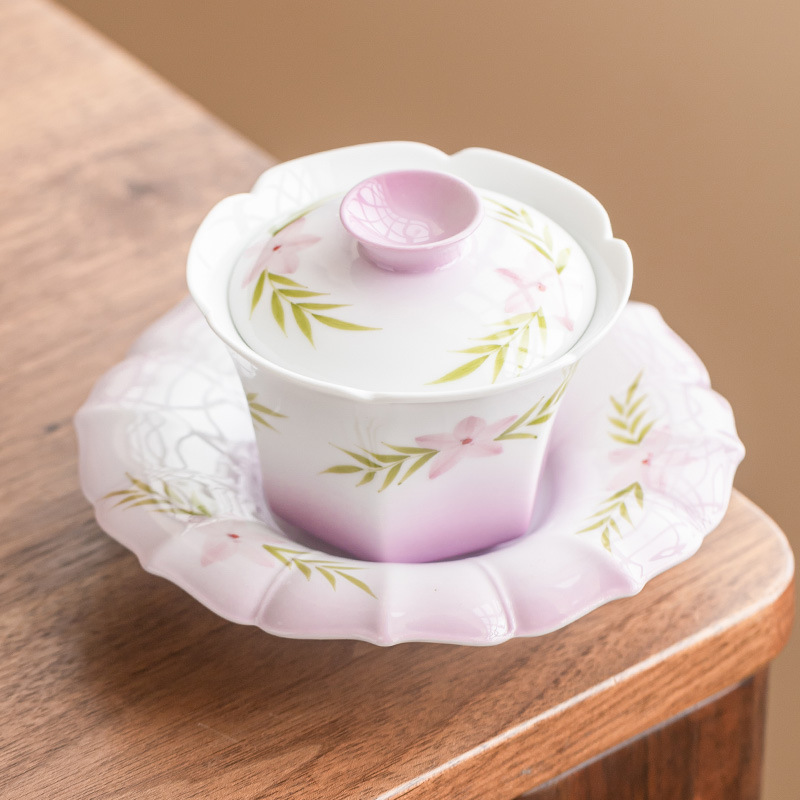 Vẽ tay gradient tím ba tài có nắp đậy bát pha trà gốm sứ Dream Lock Yan Bộ trà Kung Fu cao cấp có nắp ấm một tay