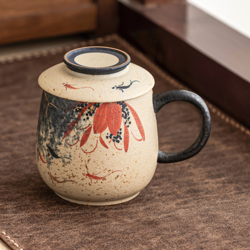 Màu xanh và trắng đá lửa cốc văn phòng màu đỏ chạm khắc vàng vẽ tay hoa sen vần koi cốc có nắp cốc nước cổ điển cốc sứ cốc đơn