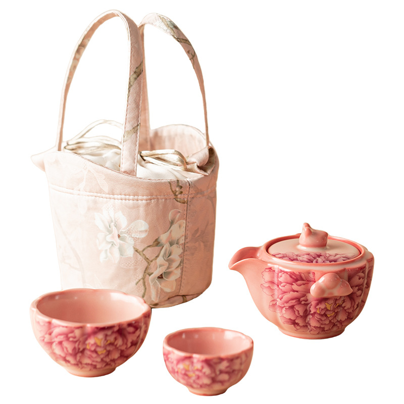 Thạch mỡ lợn bột đỏ Bộ trà du lịch quốc gia Sắc Thiên Hương Một ấm hai cốc Ấm trà gốm sứ gia dụng Cốc nhanh tiện dụng