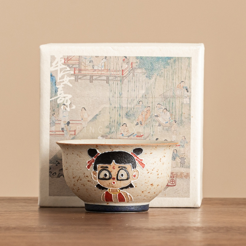 Cốc trà gốm đá lửa trắng xanh cốc chủ nhân cốc đơn bộ trà gia dụng cốc uống trà một người cốc trà sáng tạo cốc trà Nezha