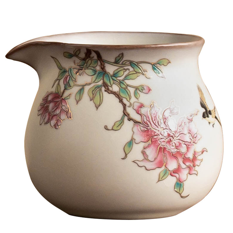 Cốc công bằng Ruyao Bộ trà Kung Fu gốm sứ Trà Hải mỡ lợn đông lạnh hoa mẫu đơn cốc công cộng Ru sứ chịu nhiệt hộp quà đơn