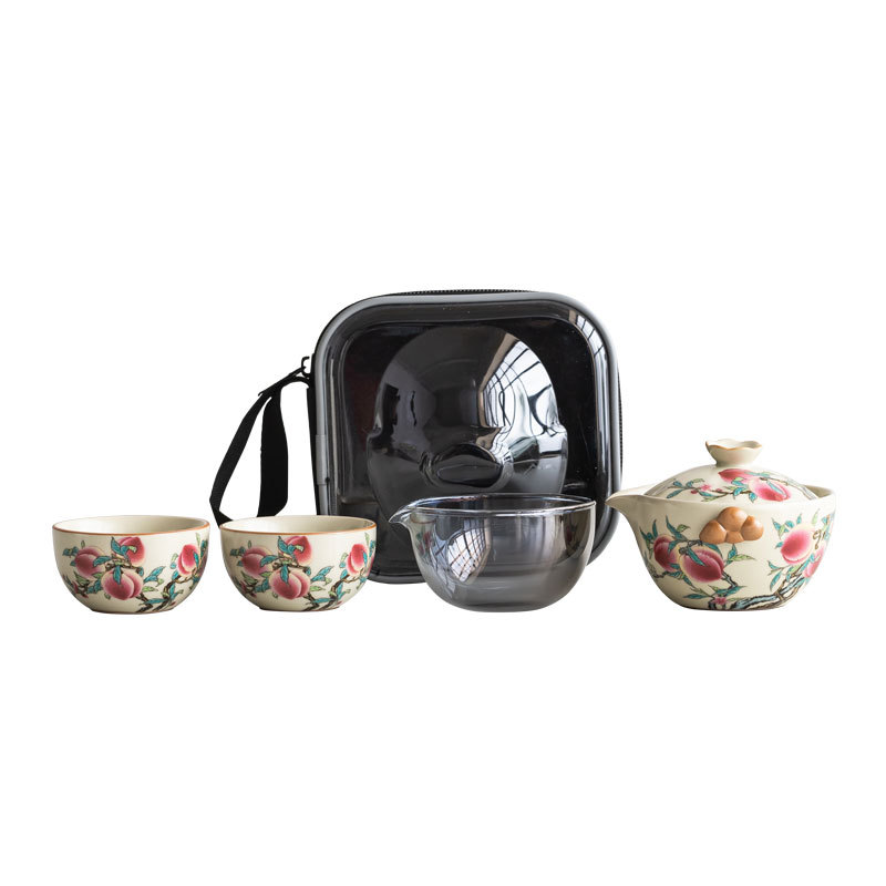 Bộ ấm trà du lịch Ruyao Pastel Nine Peach, cốc khách di động ngoài trời, một ấm ba cốc, ấm trà gốm sứ