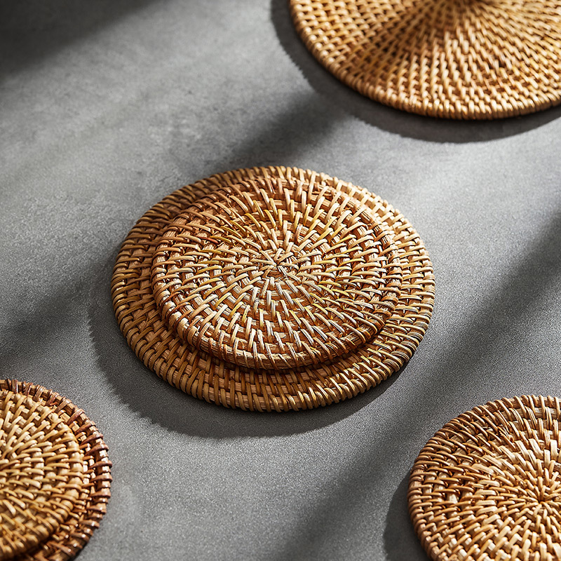 Lót cách nhiệt mây đan thủ công Lót bàn ăn Lót Bát hình tròn chống bỏng Lót đĩa rau Phụ kiện Bộ trà Lót cốc Lót trà Lót trà