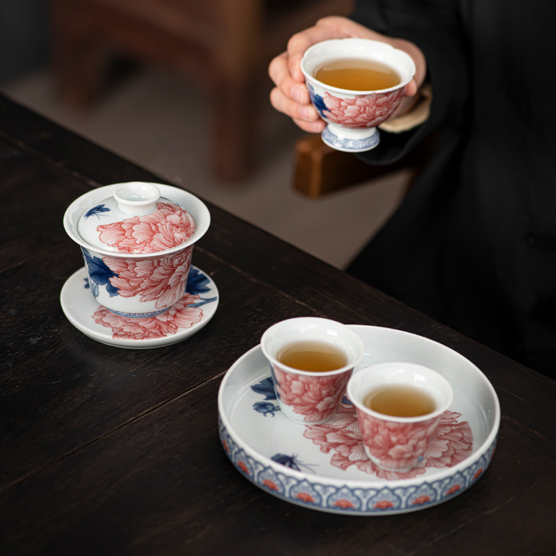 Bộ ấm trà sứ trắng xanh, cốc trà Kung Fu, bát có nắp treo, bát pha trà đơn gốm sứ tiếp khách gia dụng