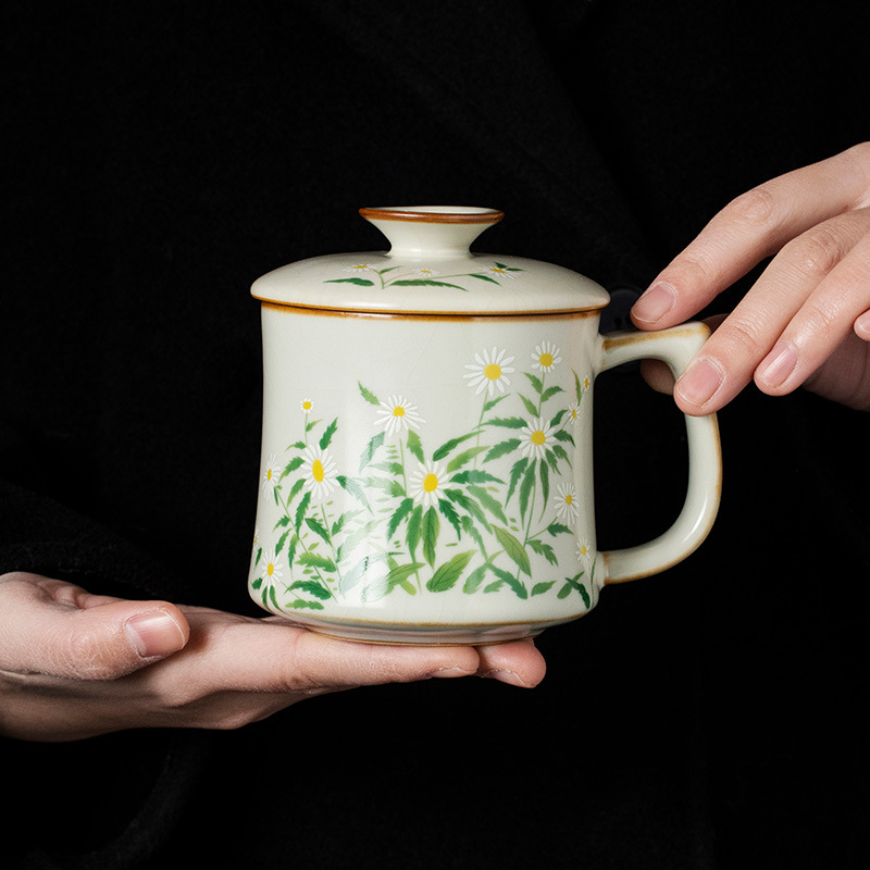 Cốc pha trà gốm hoa cúc nhỏ Ru Kiln cốc uống trà dung tích lớn cốc chuyên dụng cá nhân văn phòng gia dụng